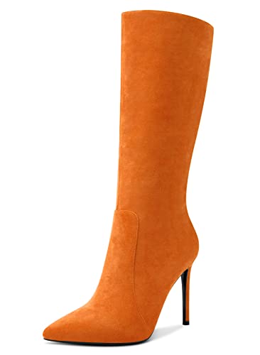 Aachcol Damen Mid Calf Stiefel Stiletto Hoher High Absatz Heel Geschlossene Spitze Zehenkappe Reißverschluss Klassisch 10 CM Orange Wildleder 44 EU von Aachcol
