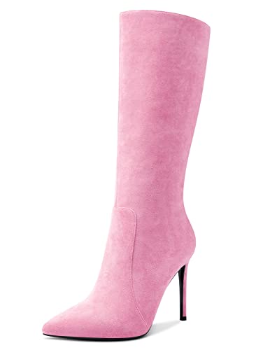 Aachcol Damen Mid Calf Stiefel Stiletto Hoher High Absatz Heel Geschlossene Spitze Zehenkappe Reißverschluss Klassisch 10 CM Rosa Wildleder 38 EU von Aachcol