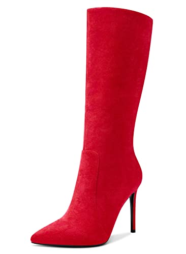 Aachcol Damen Mid Calf Stiefel Stiletto Hoher High Absatz Heel Geschlossene Spitze Zehenkappe Reißverschluss Klassisch 10 CM Rot Wildleder 38 EU von Aachcol