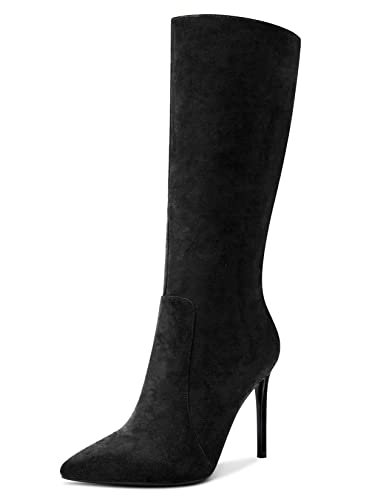 Aachcol Damen Mid Calf Stiefel Stiletto Hoher High Absatz Heel Geschlossene Spitze Zehenkappe Reißverschluss Klassisch 10 CM Schwarz Wildleder 35 EU von Aachcol