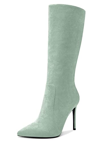 Aachcol Damen Mid Calf Stiefel Stiletto Hoher High Absatz Heel Geschlossene Spitze Zehenkappe Reißverschluss Klassisch 10 CM Türkis Grün Wildleder 44 EU von Aachcol