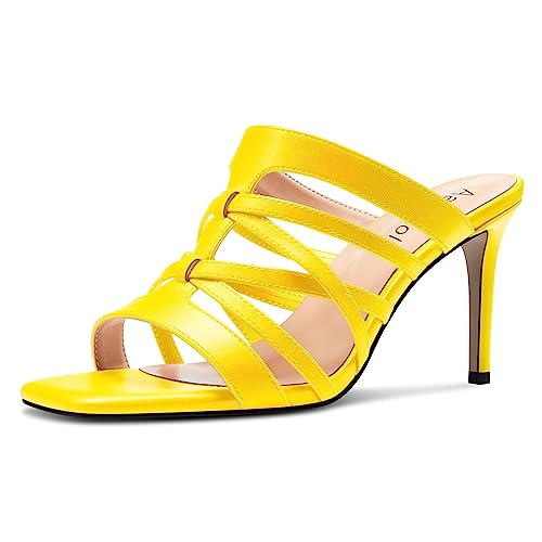 Aachcol Damen Mittlerem Absatz Heel Peep Open Eckige Zehenkappe Sandalen Slip-on Hochzeit Sommer 8 CM Heels Gelb 43 EU von Aachcol