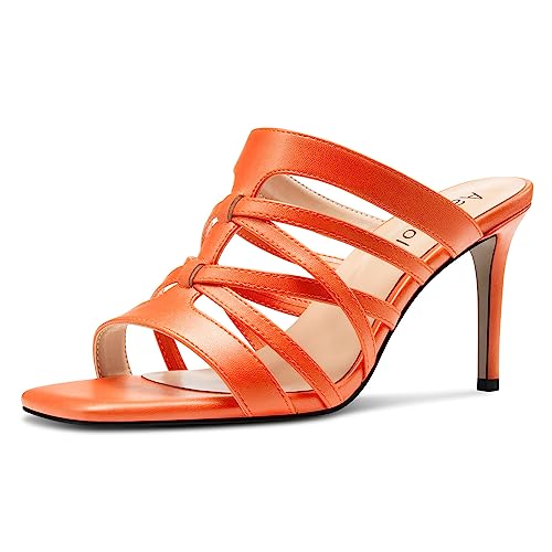 Aachcol Damen Mittlerem Absatz Heel Peep Open Eckige Zehenkappe Sandalen Slip-on Hochzeit Sommer 8 CM Heels Orange 40 EU von Aachcol