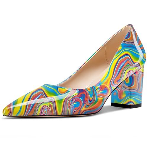 Aachcol Damen Mittlerem Chunky Blockabsatz Absatz Heel Spitze Zehenkappe Pumps Slip-on Büroschuhe Party Dress Schuhe 6 cm Heels Buntes Graffiti 42 EU von Aachcol