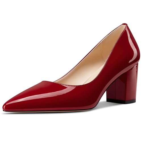 Aachcol Damen Mittlerem Chunky Blockabsatz Absatz Heel Spitze Zehenkappe Pumps Slip-on Büroschuhe Party Dress Schuhe 6 cm Heels Burgunderrot 42 EU von Aachcol