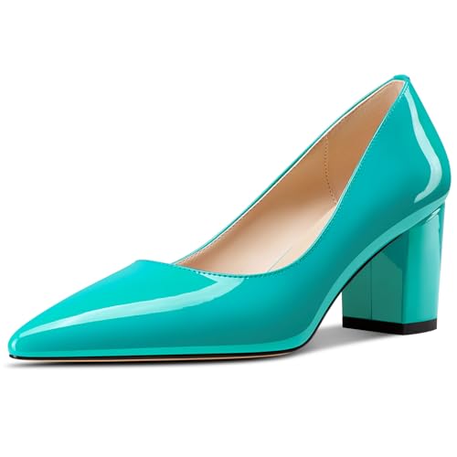 Aachcol Damen Mittlerem Chunky Blockabsatz Absatz Heel Spitze Zehenkappe Pumps Slip-on Büroschuhe Party Dress Schuhe 6 cm Heels Cyanblau 35 EU von Aachcol