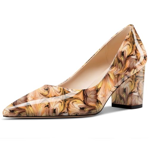 Aachcol Damen Mittlerem Chunky Blockabsatz Absatz Heel Spitze Zehenkappe Pumps Slip-on Büroschuhe Party Dress Schuhe 6 cm Heels Gelb Mehrfarbig 35 EU von Aachcol