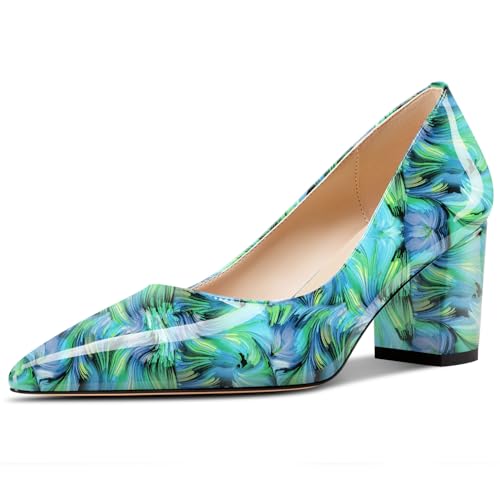 Aachcol Damen Mittlerem Chunky Blockabsatz Absatz Heel Spitze Zehenkappe Pumps Slip-on Büroschuhe Party Dress Schuhe 6 cm Heels Grün Mehrfarbig 42 EU von Aachcol