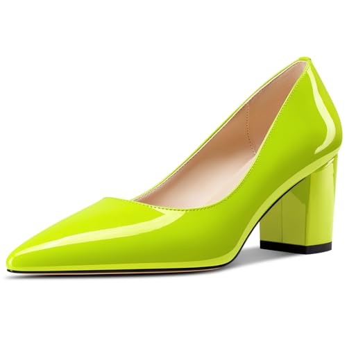 Aachcol Damen Mittlerem Chunky Blockabsatz Absatz Heel Spitze Zehenkappe Pumps Slip-on Büroschuhe Party Dress Schuhe 6 cm Heels Limonengrün 38 EU von Aachcol
