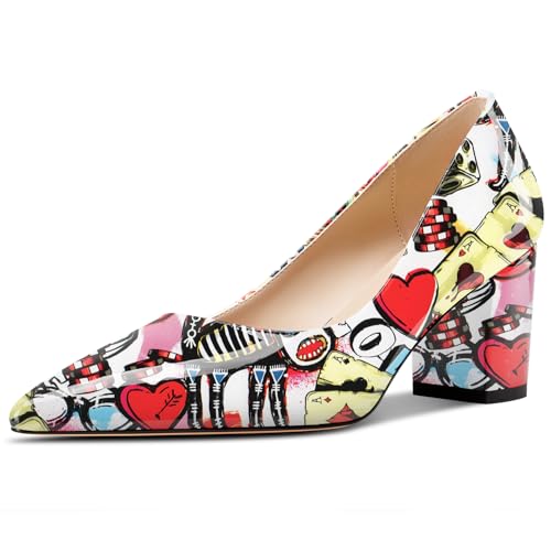 Aachcol Damen Mittlerem Chunky Blockabsatz Absatz Heel Spitze Zehenkappe Pumps Slip-on Büroschuhe Party Dress Schuhe 6 cm Heels Poker-Muster 42 EU von Aachcol
