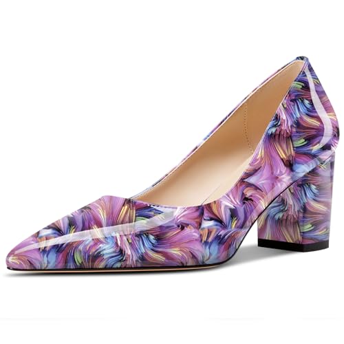 Aachcol Damen Mittlerem Chunky Blockabsatz Absatz Heel Spitze Zehenkappe Pumps Slip-on Büroschuhe Party Dress Schuhe 6 cm Heels Violett Mehrfarbig 41 EU von Aachcol