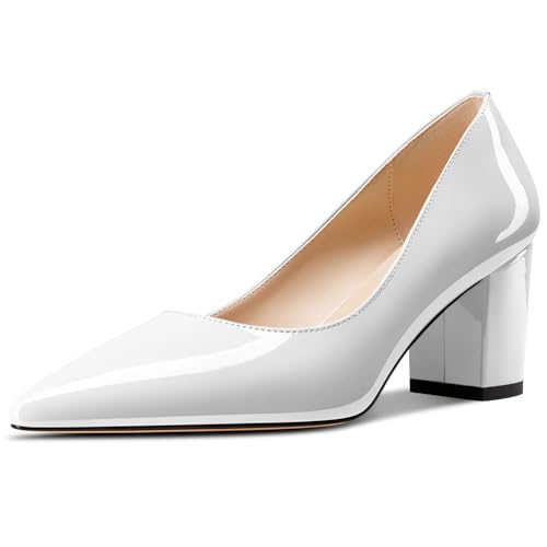Aachcol Damen Mittlerem Chunky Blockabsatz Absatz Heel Spitze Zehenkappe Pumps Slip-on Büroschuhe Party Dress Schuhe 6 cm Heels Weiß 42 EU von Aachcol