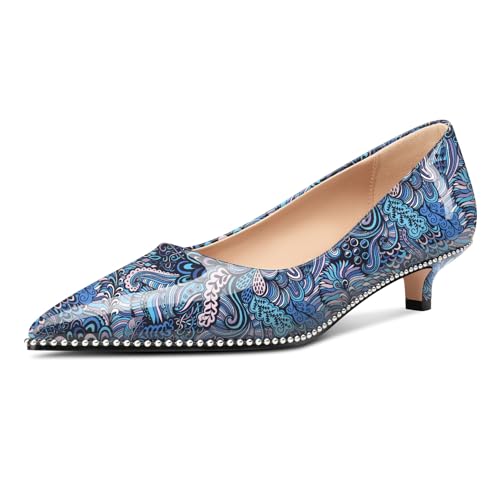 Aachcol Damen Niedrige Absatz Heel Spitze Zehenkappe Pumps Silber Perlen Kitten Absatz Heel Slip-on Büroschuhe Dress Schuhe 3.5 cm Heels Blau Mehrfarbig 35 EU von Aachcol