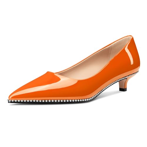 Aachcol Damen Niedrige Absatz Heel Spitze Zehenkappe Pumps Silber Perlen Kitten Absatz Heel Slip-on Büroschuhe Dress Schuhe 3.5 cm Heels Orange 35 EU von Aachcol