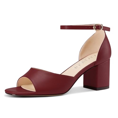Aachcol Damen Niedrige Chunky Blockabsatz Absatz Heel Sandalen Peep Open Zehenkappe Knöchelriemen Hochzeit Dress Schuhe 6 CM Heels Burgunderrot 40 EU von Aachcol
