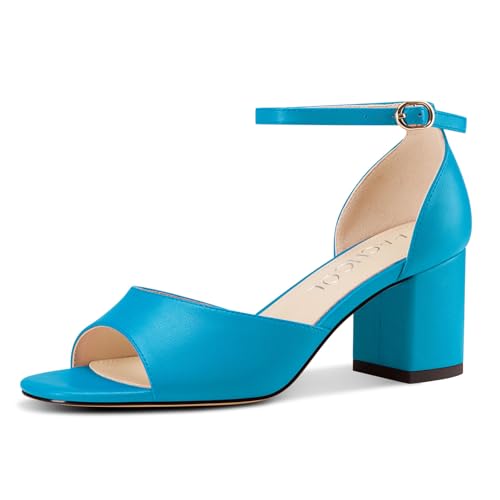 Aachcol Damen Niedrige Chunky Blockabsatz Absatz Heel Sandalen Peep Open Zehenkappe Knöchelriemen Hochzeit Dress Schuhe 6 CM Heels Cyanblau 43 EU von Aachcol