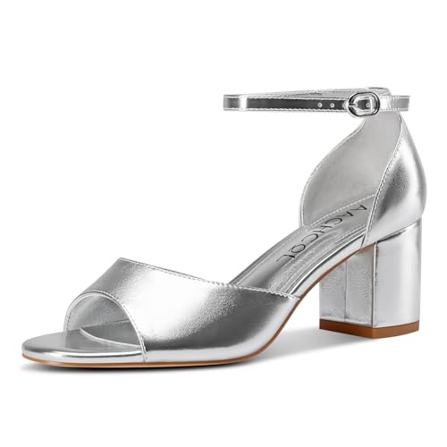 Aachcol Damen Niedrige Chunky Blockabsatz Absatz Heel Sandalen Peep Open Zehenkappe Knöchelriemen Hochzeit Dress Schuhe 6 CM Heels Silber 42 EU von Aachcol