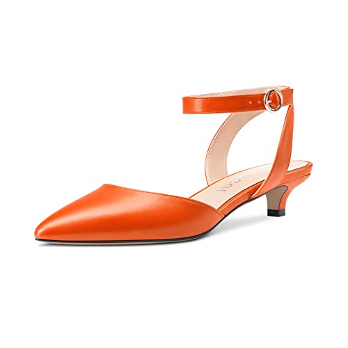 Aachcol Damen Niedrige Kitten Absatz Heel Pumps Knöchelriemen Slingback Spitze Zehenkappe Sandalen Dress Schuhe Hochzeit Party 3 cm Orange Matt 35 EU von Aachcol