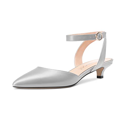 Aachcol Damen Niedrige Kitten Absatz Heel Pumps Knöchelriemen Slingback Spitze Zehenkappe Sandalen Dress Schuhe Hochzeit Party 3 cm Silber Matt 36 EU von Aachcol