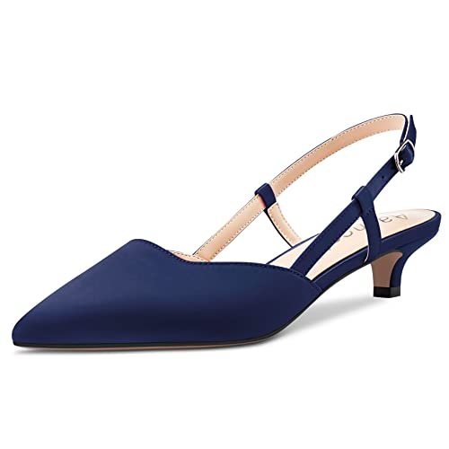 Aachcol Damen Niedrige Kitten Absatz Heel Pumps Spitze Zehenkappe Knöchelriemen Slingback Dress Schuhe Sandalen Büroschuhe Party Hochzeit Satin Marineblau 3.5 cm 43 EU von Aachcol