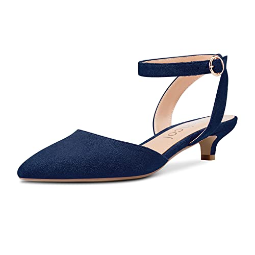 Aachcol Damen Niedrige Kitten Absatz Heel Pumps Spitze Zehenkappe Knöchelriemen Slingback Sandalen Cute Dress Schuhe Hochzeit Büroschuhe Party 3 cm Navy Blau Wildleder 43 EU von Aachcol