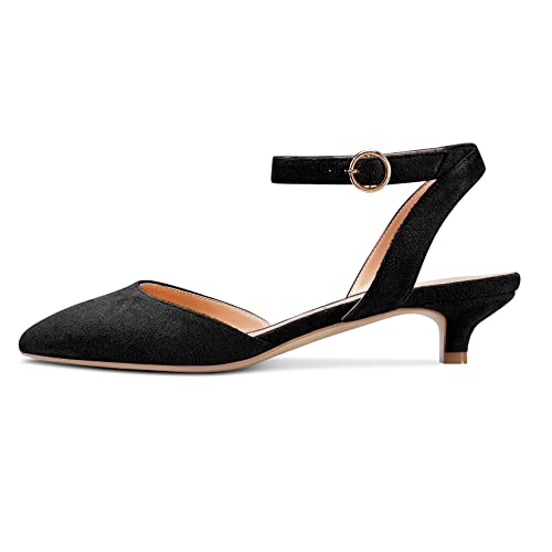 Aachcol Damen Niedrige Kitten Absatz Heel Pumps Spitze Zehenkappe Knöchelriemen Slingback Sandalen Cute Dress Schuhe Hochzeit Büroschuhe Party 3 cm Schwarz Wildleder 43 EU von Aachcol