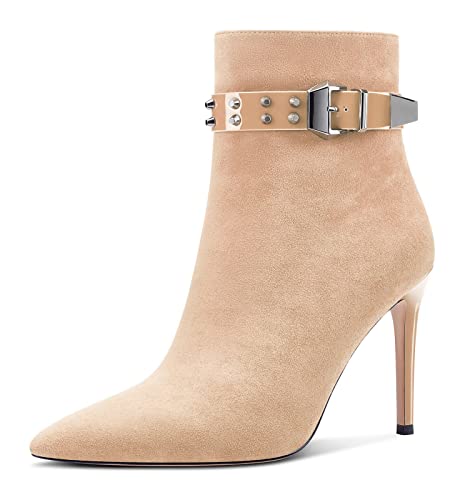 Aachcol Damen Niete Stiefeletten Stiletto Hoher High Absatz Heel Spitze Zehenkappe Reißverschluss Klassisch 10 CM Beige Wildleder 43 EU von Aachcol