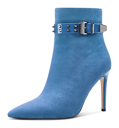 Aachcol Damen Niete Stiefeletten Stiletto Hoher High Absatz Heel Spitze Zehenkappe Reißverschluss Klassisch 10 CM Blau Wildleder 41 EU von Aachcol