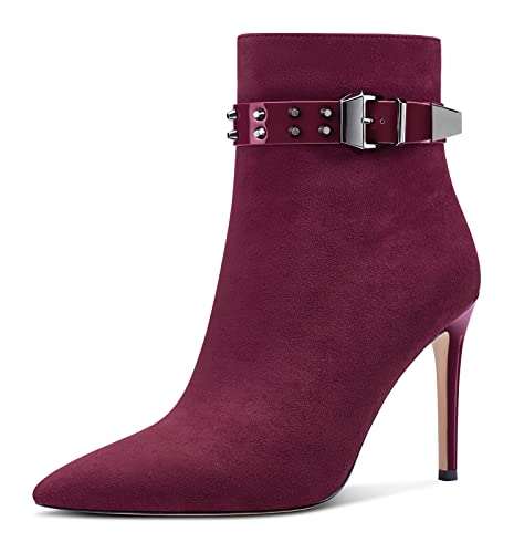 Aachcol Damen Niete Stiefeletten Stiletto Hoher High Absatz Heel Spitze Zehenkappe Reißverschluss Klassisch 10 CM Burgund Rot Wildleder 45 EU von Aachcol