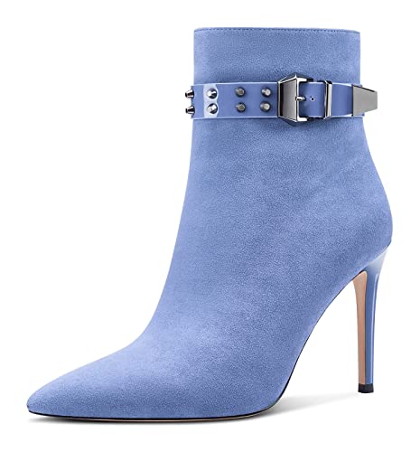 Aachcol Damen Niete Stiefeletten Stiletto Hoher High Absatz Heel Spitze Zehenkappe Reißverschluss Klassisch 10 CM Hellblau Wildleder 43 EU von Aachcol