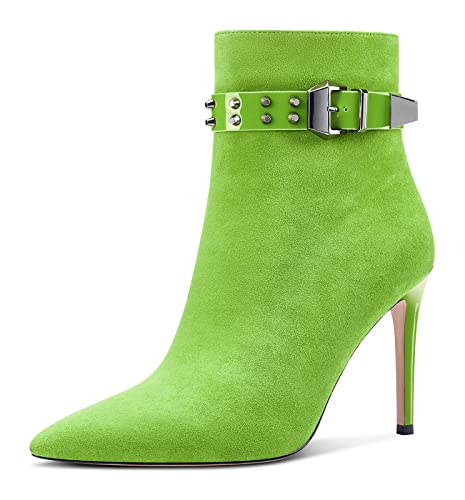 Aachcol Damen Niete Stiefeletten Stiletto Hoher High Absatz Heel Spitze Zehenkappe Reißverschluss Klassisch 10 CM Hellgrün Wildleder 42 EU von Aachcol