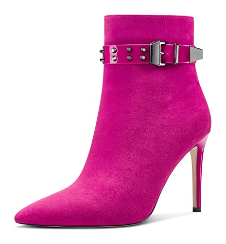 Aachcol Damen Niete Stiefeletten Stiletto Hoher High Absatz Heel Spitze Zehenkappe Reißverschluss Klassisch 10 CM Magenta Rot 2 Wildleder 38 EU von Aachcol