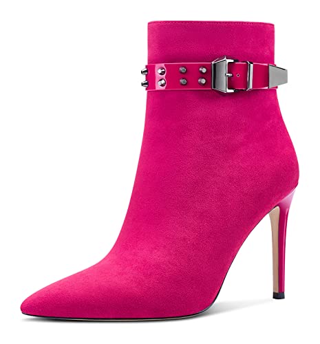 Aachcol Damen Niete Stiefeletten Stiletto Hoher High Absatz Heel Spitze Zehenkappe Reißverschluss Klassisch 10 CM Magenta Rot Wildleder 39 EU von Aachcol