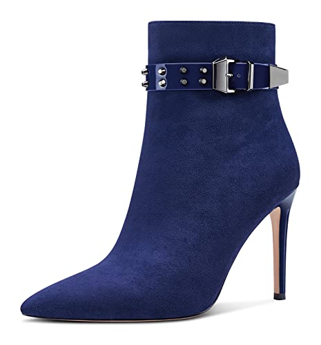 Aachcol Damen Niete Stiefeletten Stiletto Hoher High Absatz Heel Spitze Zehenkappe Reißverschluss Klassisch 10 CM Navy Blau Wildleder 37 EU von Aachcol