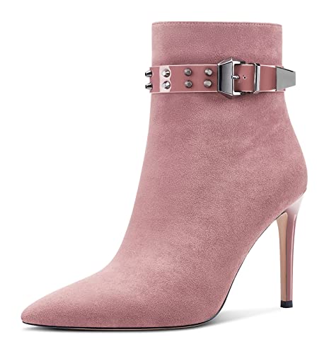 Aachcol Damen Niete Stiefeletten Stiletto Hoher High Absatz Heel Spitze Zehenkappe Reißverschluss Klassisch 10 CM Rosa Wildleder 37 EU von Aachcol