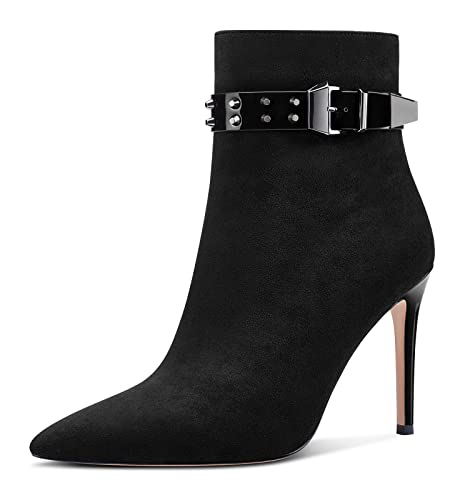 Aachcol Damen Niete Stiefeletten Stiletto Hoher High Absatz Heel Spitze Zehenkappe Reißverschluss Klassisch 10 CM Schwarz Wildleder 36 EU von Aachcol