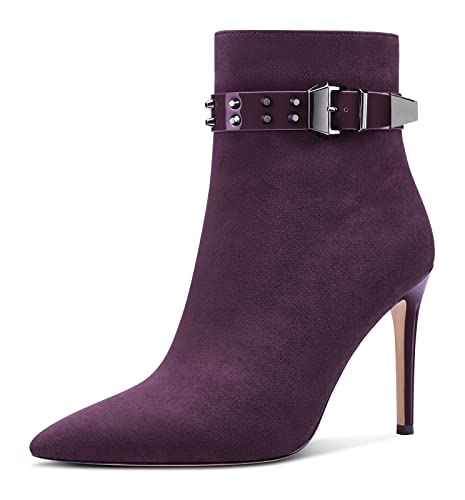 Aachcol Damen Niete Stiefeletten Stiletto Hoher High Absatz Heel Spitze Zehenkappe Reißverschluss Klassisch 10 CM Violett Wildleder 38 EU von Aachcol