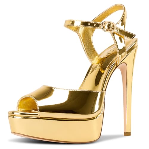 Aachcol Damen Peep Zehenkappe Plateau Plattform Stiletto Absatz Heels Knöchelriemen Hoher High Absatz Heel Sandalen Party Dress Schuhe 13 CM Heels Gold 40 EU von Aachcol