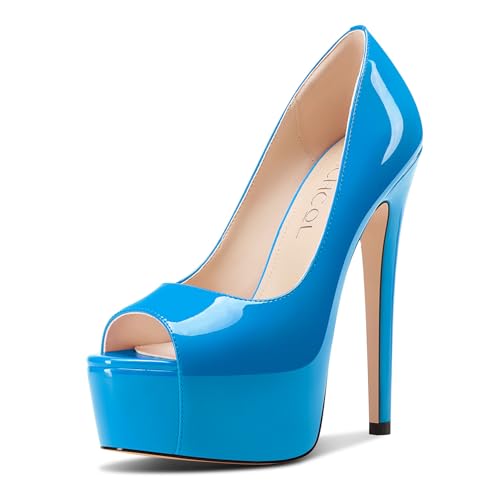 Aachcol Damen Peep Zehenkappe Plateau Plattform Stiletto Hoher High Absatz Heel Pumps Slip-on Party Dress Schuhe 15 cm Heels Blau 41 EU von Aachcol