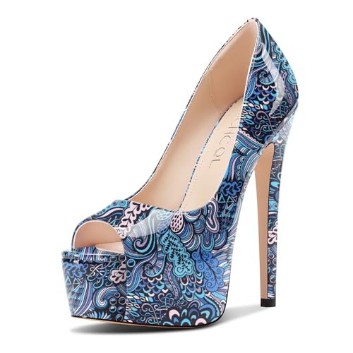 Aachcol Damen Peep Zehenkappe Plateau Plattform Stiletto Hoher High Absatz Heel Pumps Slip-on Party Dress Schuhe 15 cm Heels Blau Mehrfarbig 41 EU von Aachcol
