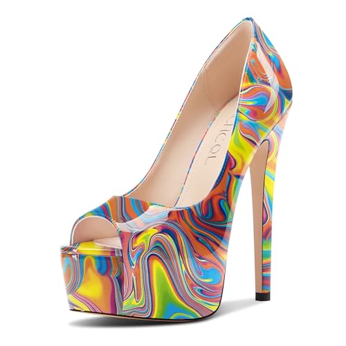 Aachcol Damen Peep Zehenkappe Plateau Plattform Stiletto Hoher High Absatz Heel Pumps Slip-on Party Dress Schuhe 15 cm Heels Buntes Graffiti 40 EU von Aachcol