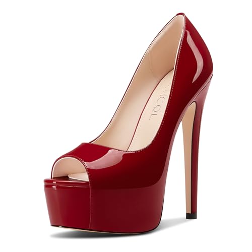 Aachcol Damen Peep Zehenkappe Plateau Plattform Stiletto Hoher High Absatz Heel Pumps Slip-on Party Dress Schuhe 15 cm Heels Burgunderrot 42 EU von Aachcol