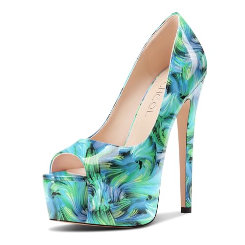 Aachcol Damen Peep Zehenkappe Plateau Plattform Stiletto Hoher High Absatz Heel Pumps Slip-on Party Dress Schuhe 15 cm Heels Grün Mehrfarbig 39 EU von Aachcol