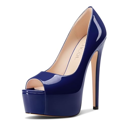 Aachcol Damen Peep Zehenkappe Plateau Plattform Stiletto Hoher High Absatz Heel Pumps Slip-on Party Dress Schuhe 15 cm Heels Marineblau 37 EU von Aachcol