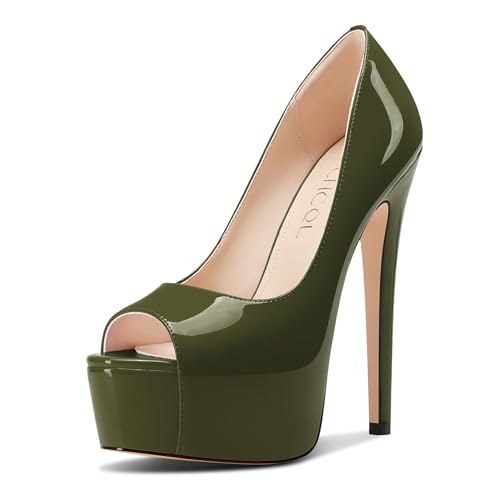 Aachcol Damen Peep Zehenkappe Plateau Plattform Stiletto Hoher High Absatz Heel Pumps Slip-on Party Dress Schuhe 15 cm Heels Olivgrün 40 EU von Aachcol