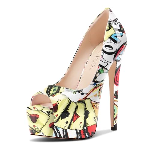 Aachcol Damen Peep Zehenkappe Plateau Plattform Stiletto Hoher High Absatz Heel Pumps Slip-on Party Dress Schuhe 15 cm Heels Poker-Muster 36 EU von Aachcol