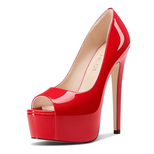 Aachcol Damen Peep Zehenkappe Plateau Plattform Stiletto Hoher High Absatz Heel Pumps Slip-on Party Dress Schuhe 15 cm Heels Rot 39 EU von Aachcol