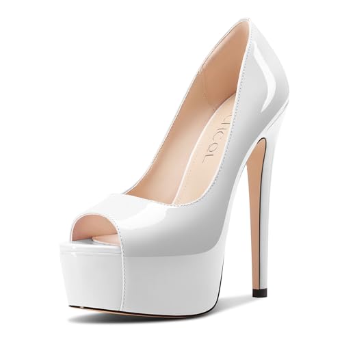 Aachcol Damen Peep Zehenkappe Plateau Plattform Stiletto Hoher High Absatz Heel Pumps Slip-on Party Dress Schuhe 15 cm Heels Weiß 38 EU von Aachcol