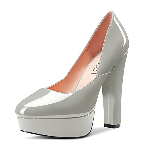 Aachcol Damen Plateau Plattform Chunky Blockabsatz Hoher High Absatz Heel Pumps Runde Zehenkappe Slip-on Dress Schuhe Party Hochzeit Lackleder Grau 13 cm 36 EU von Aachcol