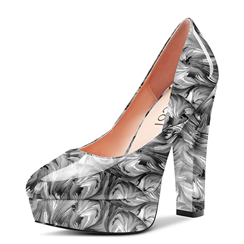 Aachcol Damen Plateau Plattform Chunky Blockabsatz Hoher High Absatz Heel Pumps Runde Zehenkappe Slip-on Dress Schuhe Party Hochzeit Lackleder Grau Mehrfarbig b 13 cm 39 EU von Aachcol